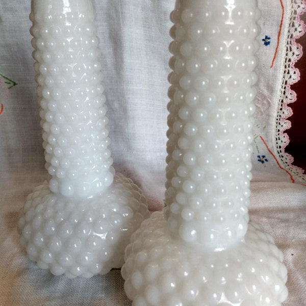 Pair Milk Glass Hobnail Bud Vases Mid Century Romance