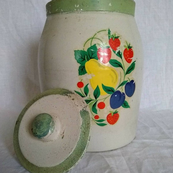 Large Stoneware Pottery Crock Jar with Lid Vintage 1900s Kraut Beans Cookies Kitchen Storage Container Retro Grey Fruit Decal