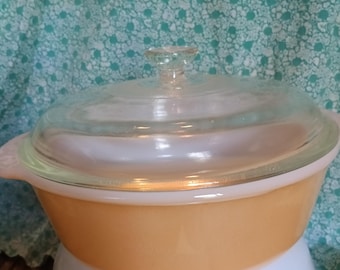 1950s Fire King 1 1/2 qt Covered Casserole Peach Luster