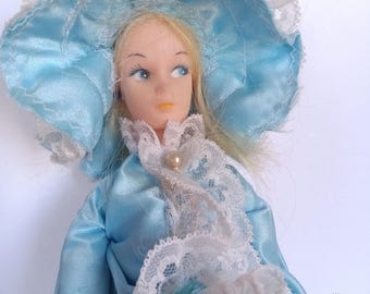 1960s Blue Satin Doll: 12" Blonde Hair, Lace Bonnet