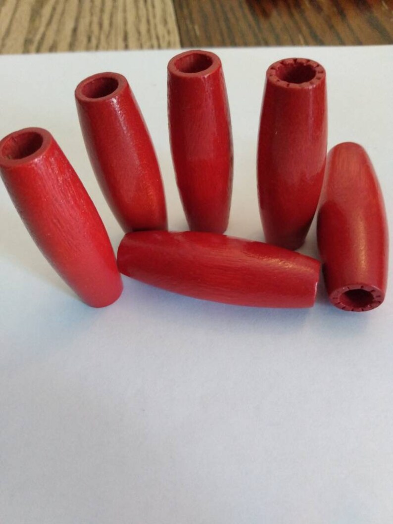 6 Large Tapered Oval Wooden Bead 50mm Cherry Red Vintage Retro 1970s