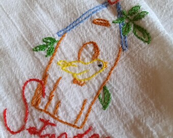 Vintage Hand Embroidered Towel Saturday Birdhouse and Bird White Cotton