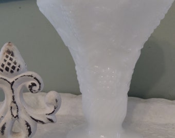 Milk Glass Vase Sawtooth Edge Grape and Swirl Design Mid Century Romance