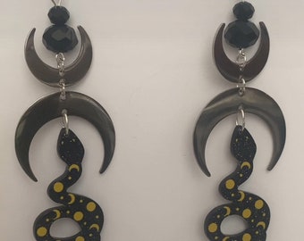 Acrylic Moon Phase Snake, Glass Beaded Earrings