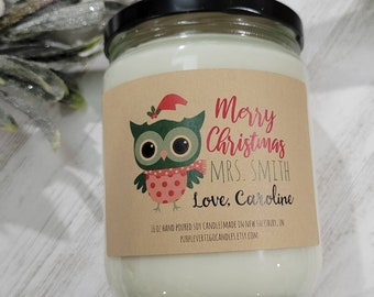 Merry Christmas candle for teacher, personalized teacher candle, candle for teacher, personalized gift, owl gift, bus driver gift, school