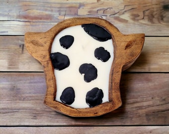 Brown wood Cow print dough bowl candle, farmhouse decor,  cow candle, farm decor, Doughbowl, wood candle, wooden bowl candle, cow print