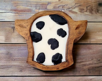 Cow print dough bowl candle, farmhouse decor,  cow candle, farm decor, boho decor, Doughbowl, wood candle, wooden bowl candle, cow print