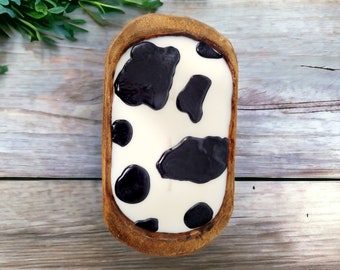 Cow print dough bowl candle, farmhouse decor,  rustic decor, farm decor, boho decor, Doughbowl, wood candle, wooden bowl candle, cow print