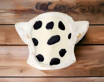 White Wood Cow print dough bowl candle, farmhouse decor,  cow candle, farm decor, Doughbowl, wood candle, wooden bowl candle, cow print