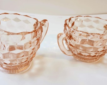 Jeannette Pink Depression Glass Creamer and Sugar Bowl, Cube Vintage Glassware, Collectible glassware, Country Kitchen