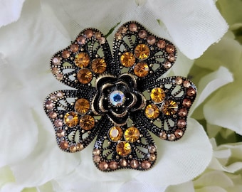 Rhinestone Sunflower Brooch, Yellow Flower Lapel Pin, Costume Jewelry