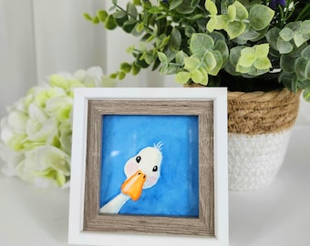 Whimsical White Goose Watercolor Painting, Pekin Duck Miniature Art, Peeking Duck, Small Painting, Funny Animal Art