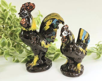 Vintage Hand-Painted Japanese Redware Pottery Chickens, Farmhouse Kitchen Decor