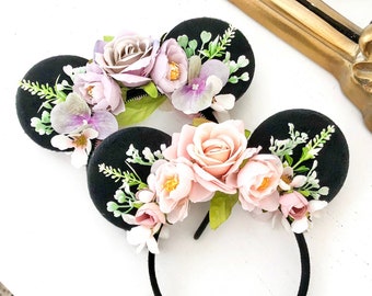 Rose Princess Flower Mini Mouse Ears | Small Soft Black Ears for Kids | Party Favor Ears | Birthday Party Ears | Pink and Lavender Ears