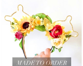 Winnie the Pooh Floral Ears Headband | Red Flowers and Sunflowers Wire Ears | Reversible Mouse Ears | Flower and Garden Festival