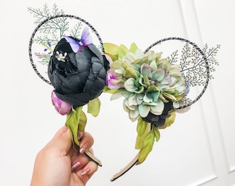 Haunted Mansion Floral Ears Headband | Purple, Black, and Green Flowers | Reversible Halloween Ears | Wire Ears