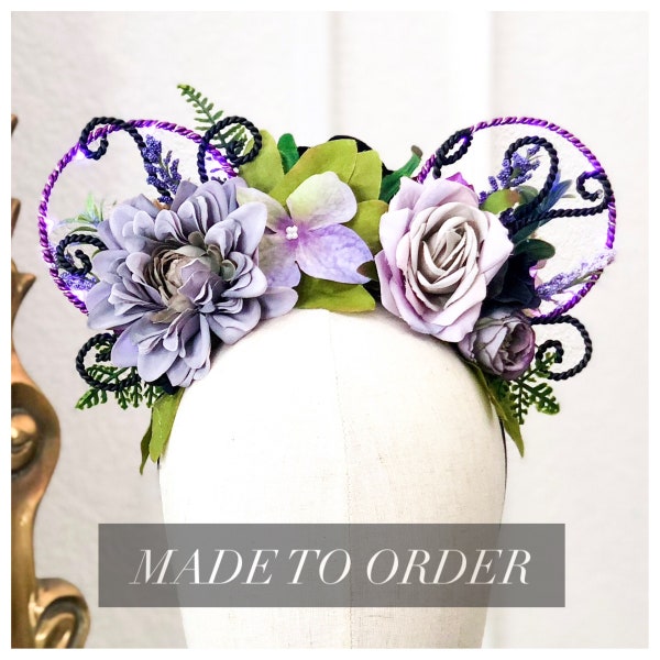 Sea Witch Octopus Villain Floral Horns Headband | Purple and Black Flowers | Reversible Halloween Wire Ears