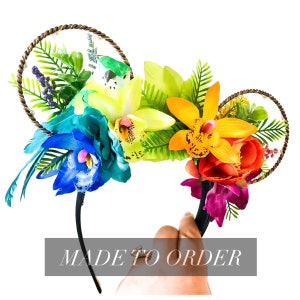 Tiki Bird Tropical Rainbow Floral Ears Headband Teal/Green Bird with Rainbow Tropical Flowers Wire Ears Island/Jungle/Animal Ears Teal/Green