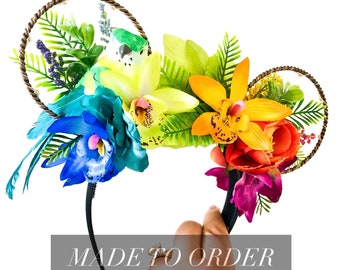 Tiki Bird Tropical Rainbow Floral Ears Headband |  Teal/Green Bird with Rainbow Tropical Flowers Wire Ears | Island/Jungle/Animal Ears