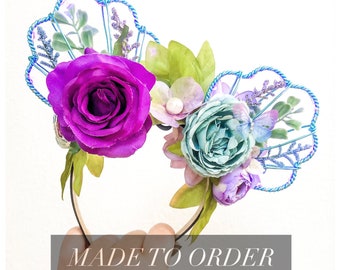 Floral Little Mermaid Mouse Ears Headband | Teal/Blue Wire Ears with Teal/Blue/Purple Flowers  | Flower and Garden Ears