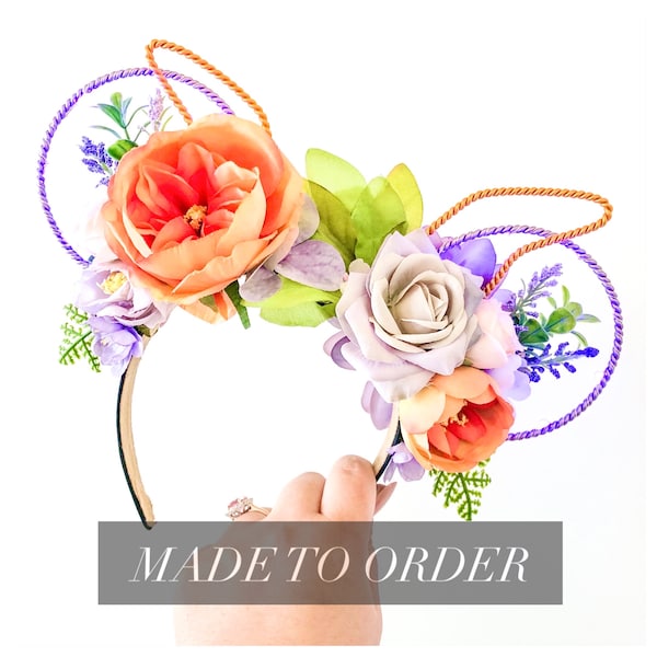 Figment of Your Imagination Floral Ears Headband | Orange and Purple Flowers Wire Ears | Reversible Mouse Ears | Flower and Garden Festival