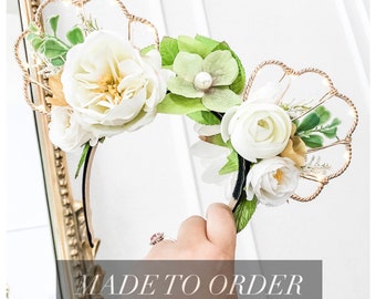 Floral Little Mermaid Seashell Mouse Ears Headband | Rose Gold Wire and White Flowers | Bridal Honeymoon Bachelorette Ears