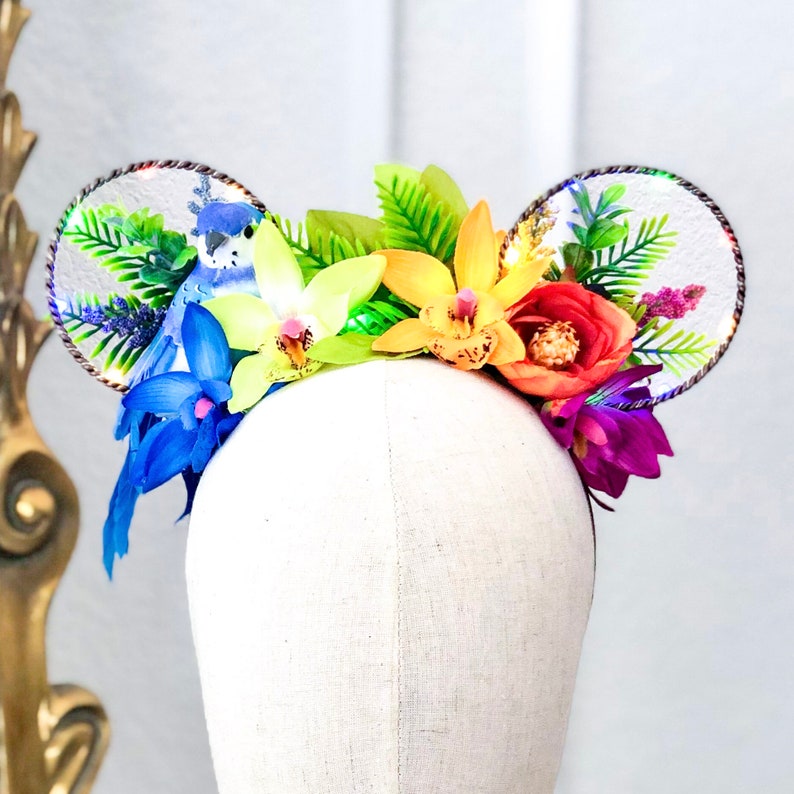 Tiki Bird Tropical Rainbow Floral Ears Headband Teal/Green Bird with Rainbow Tropical Flowers Wire Ears Island/Jungle/Animal Ears image 6