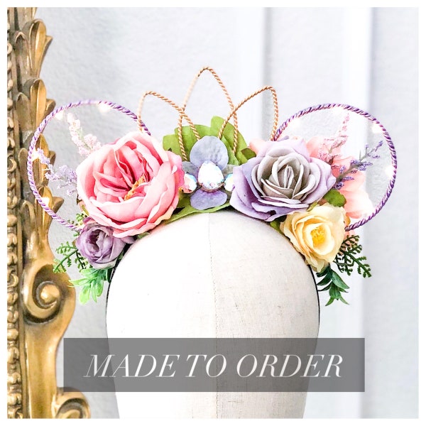 Rapunzel Flower Mouse Ears Headband with Gems and Tiara | Purple/Lavender Wire Ears | Purple/Pink/Yellow Flowers | Flower and Garden Ears