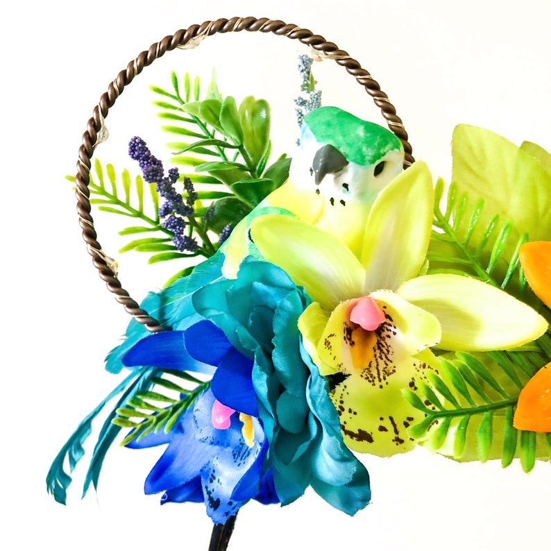 Tiki Bird Tropical Rainbow Floral Ears Headband Teal/Green Bird with Rainbow Tropical Flowers Wire Ears Island/Jungle/Animal Ears image 5