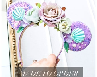 Little Mermaid Princess Flower Mini Mouse Ears | Small Lavender Sparkle Ears with Pearls and Seashells | Birthday Ears