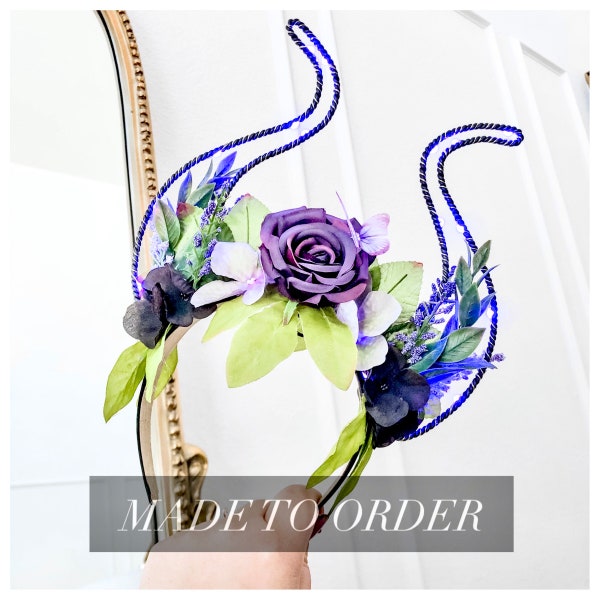 Villain Floral Horns Headband | Purple and Black Evil Fairy | Reversible Halloween Wire Ears