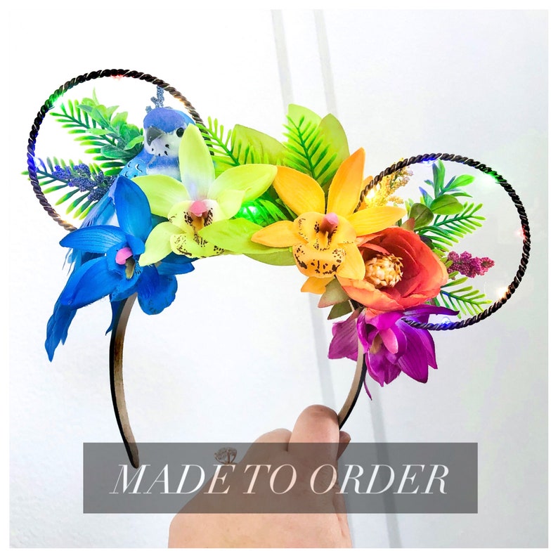 Tiki Bird Tropical Rainbow Floral Ears Headband Teal/Green Bird with Rainbow Tropical Flowers Wire Ears Island/Jungle/Animal Ears image 7