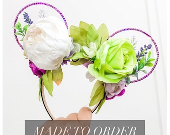 Toy Space Ranger Floral Ears | White, Purple, and Green Flowers with Purple Wire | Reversible Mouse Ears | Flower and Garden Festival