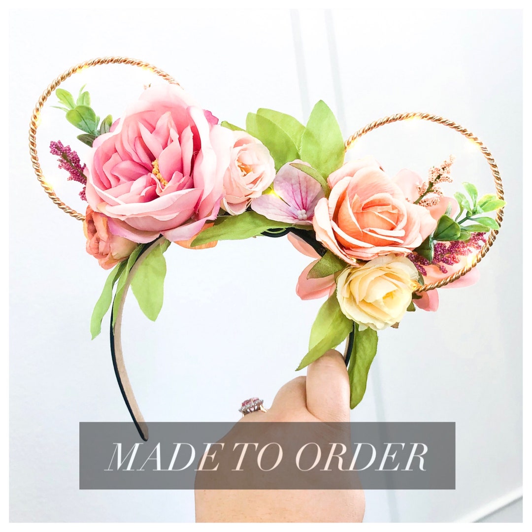 Spring Pink, Orange, and Yellow Flower Crown With Rose Gold Wire Mouse Ears Headband Flower Wire