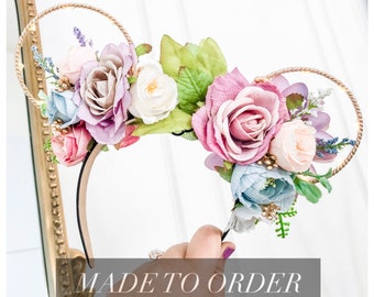 Pastel Flowers Floral with Rose Gold Wire Mouse Ears Headband | Flower Crown Wire Ears | Lavender, Pink, Blue Flowers | Flower and Garden