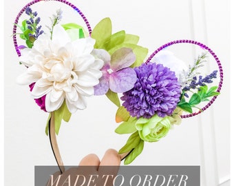 Toy Space Ranger Floral Ears | White, Purple, and Green Flowers with Purple Wire | Reversible Mouse Ears | Flower and Garden Festival