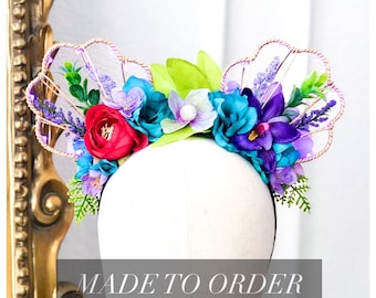 Little Mermaid Floral Mouse Ears Headband | Teal, Purple, and Red Flowers with Rose Gold Wire Seashells | Flower and Garden Ears