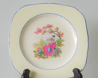Set di 6 piatti decorativi Piatti per torta Pretty in Pink Lady in a Garden H & K Tunstall Made in England Piatti laterali quadrati gialli blu rosa