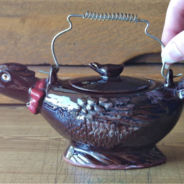 Vintage Duck with Baby Sugar Caddy, Brown Glazed Redware Goose Sugar Bowl with Metal Handle, 1950s Japan Unmarked, Figural Pottery