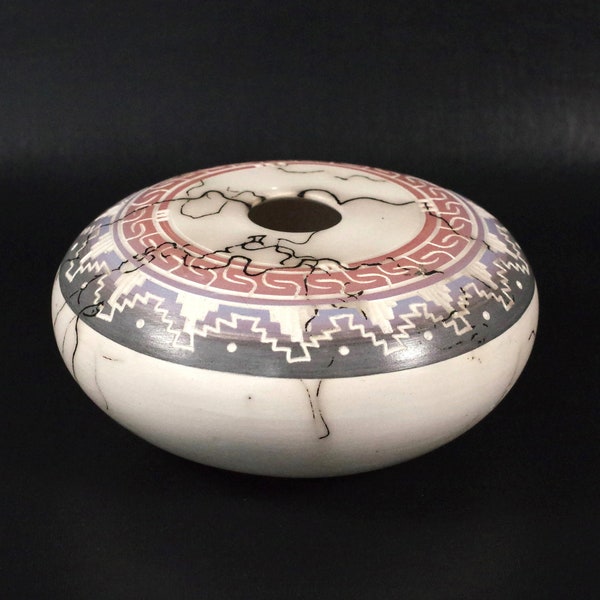 Navajo Horse Hair Pottery Seed Jar Signed V Tsosie Carved Hand Thrown Dine' Native American Pottery Raku Seed Pot Bowl Vase Geometric Design