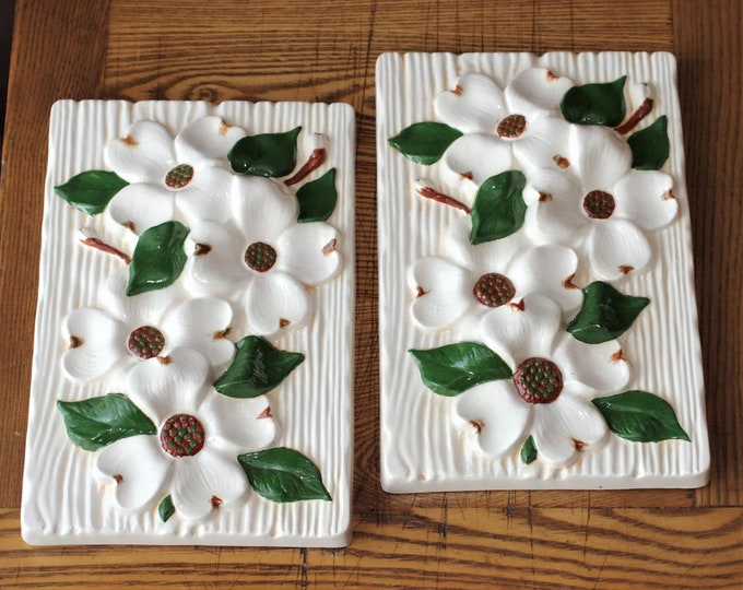 1970s Ceramic Floral Wall Plaques Set of 2, Dogwood Flowers Relief