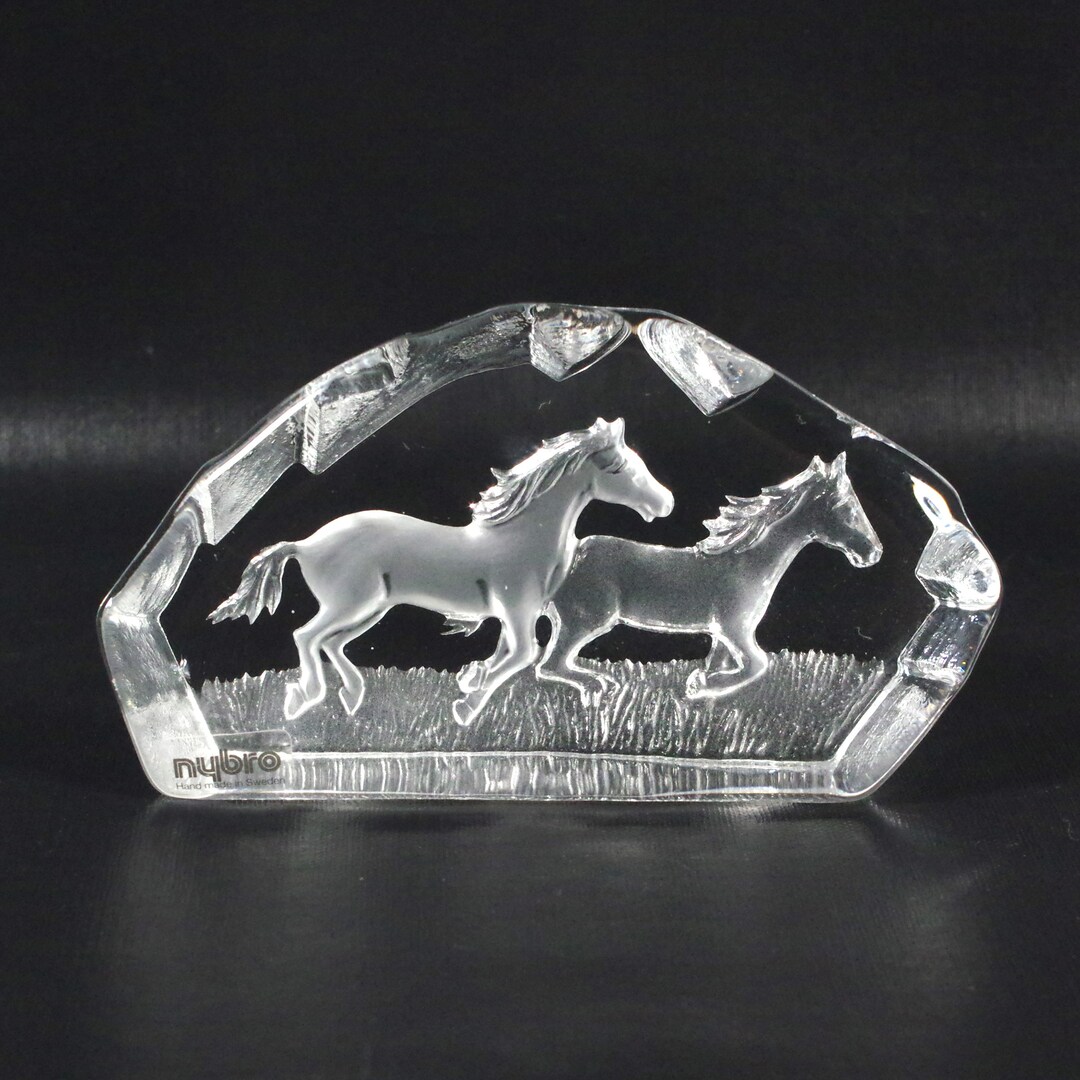 Vintage Nybro Sweden Crystal Paperweight Horses, Glass Sculpture of 2 Running Horses Nybro