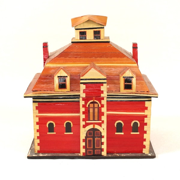 Vintage Meow Reo 1978 Wheat Straw House Keepsake Box - Red House with Cupola Trinket Box