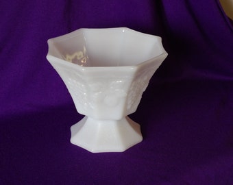 Anchor Hocking Milk Glass Paneled Grape on Textured Background Pedestal Candy Dish  - Milk Glass Footed Vase  - Milk Glass Pedestal Compote