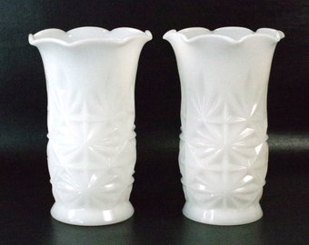 Set of 2 White Milk Glass Vases - Starburst Scalloped Edge Wedding Vase - 5 3/4 inches tall Vase  - Vintage Wedding Baby Shower Decor