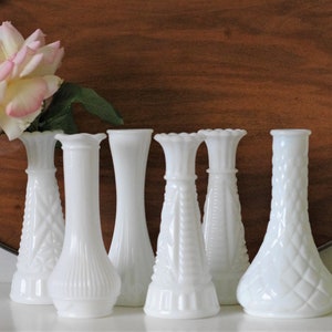 6 White Milk Glass Vases - Assorted Styles of Wedding Bud Vases - Milkglass Collection 6 inch Tall Vases