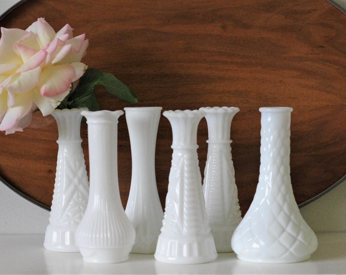 6 White Milk Glass Vases Assorted Styles of Wedding Bud Vases Milkglass