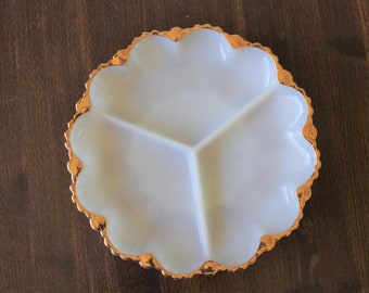Milk Glass Divided Serving Platter 10" Holiday Divided Serving Dish Gold Rimmed Round Scalloped Edged Divided Plate Milkglass
