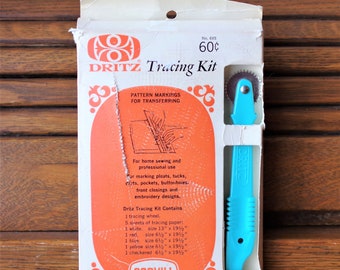 Vintage syverktyg, Drtiz spårningssats nr 645 Scovill, spårningshjul 5 ark spårningspapper originalförpackning mönstermarkör