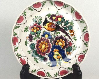 デルフト陶器の花柄陶板 - 鳥と花のデザインが施された多色オランダ